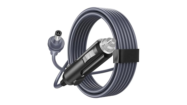 A 2 metre coiled DC power cable with a car cigarette‑lighter plug and a round DC connector A 2 metre coiled DC power cable with a car cigarette‑lighter plug and a round DC connector