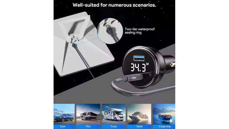 Digital watt car charger and cable shown powering a dish for use in vehicles, RVs, yachts, and ships Digital watt car charger and cable shown powering a dish for use in vehicles, RVs, yachts, and ships