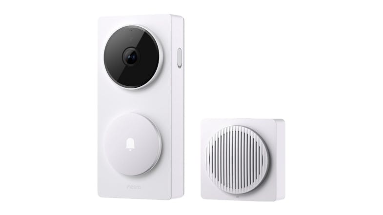 White smart doorbell camera with a round button beside a matching square chime unit White smart doorbell camera with a round button beside a matching square chime unit