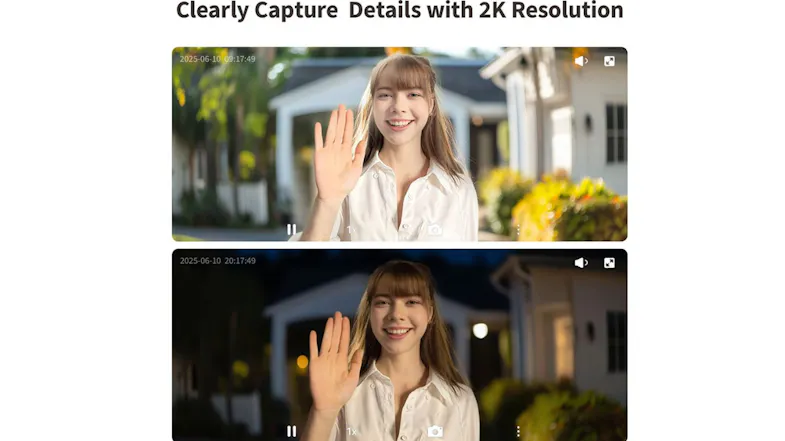 Day and night comparison of a person waving in front of a smart doorbell camera to show 2K video clarity Day and night comparison of a person waving in front of a smart doorbell camera to show 2K video clarity