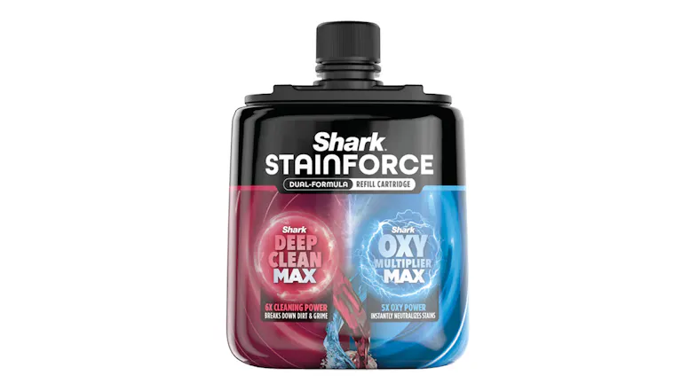 Close-up of the two-part cleaning solution cartridge for the Shark StainForce system Close-up of the two-part cleaning solution cartridge for the Shark StainForce system