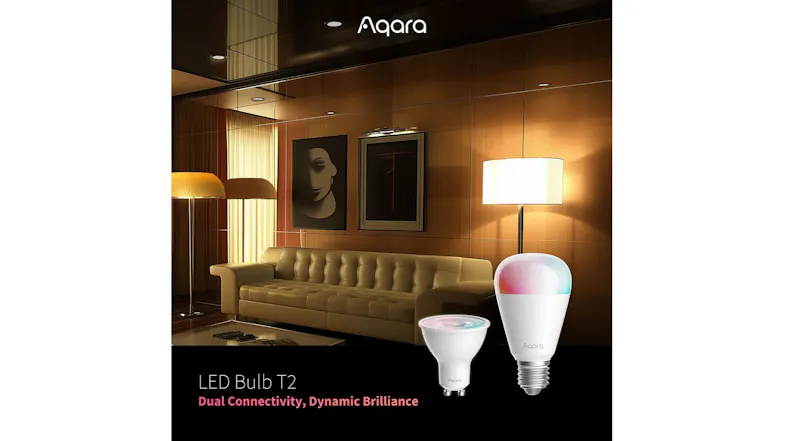 Modern living room with Aqara LED Bulb T2 and GU10 smart bulbs displayed in front of a sofa and floor lamp Modern living room with Aqara LED Bulb T2 and GU10 smart bulbs displayed in front of a sofa and floor lamp