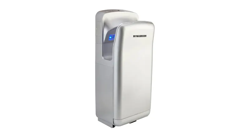 Angled view of the silver MyWashroom hand dryer showing the hand slot and blue light Angled view of the silver MyWashroom hand dryer showing the hand slot and blue light