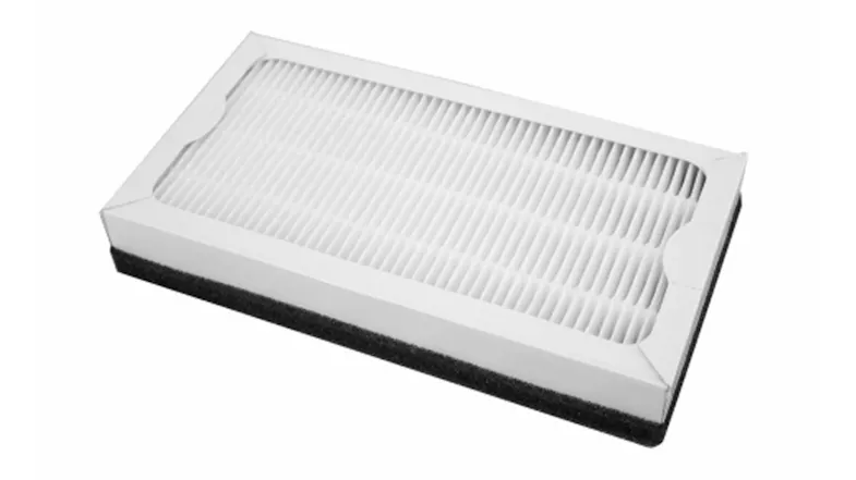 Rectangular HEPA-style air filter with a white pleated surface Rectangular HEPA-style air filter with a white pleated surface