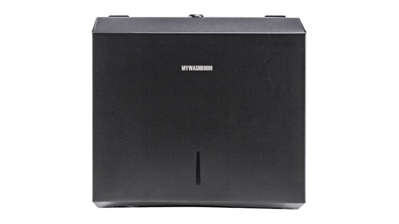 Front view of a black MyWashroom Wide paper towel dispenser with a narrow viewing slot Front view of a black MyWashroom Wide paper towel dispenser with a narrow viewing slot