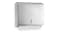 Stainless steel wall-mounted MyWashroom Wide paper towel dispenser with a tissue partially pulled out Stainless steel wall-mounted MyWashroom Wide paper towel dispenser with a tissue partially pulled out