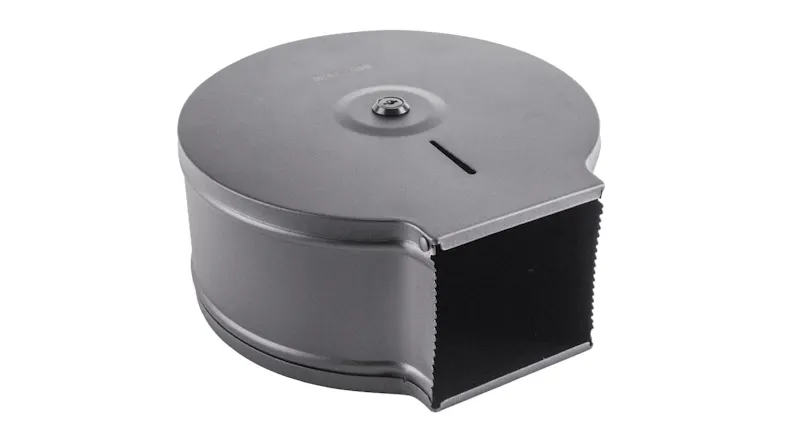 Bottom angled view of the dispenser showing the open paper exit area Bottom angled view of the dispenser showing the open paper exit area