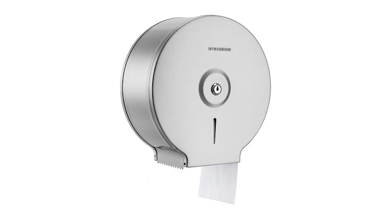 Wall‑mounted MyWashroom stainless steel jumbo toilet paper dispenser with key lock and tissue slot Wall‑mounted MyWashroom stainless steel jumbo toilet paper dispenser with key lock and tissue slot