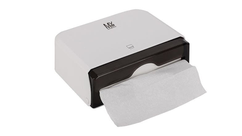 Wall-mounted MyWashroom Plastic white paper towel dispenser with a dark front panel and a towel partially pulled out Wall-mounted MyWashroom Plastic white paper towel dispenser with a dark front panel and a towel partially pulled out