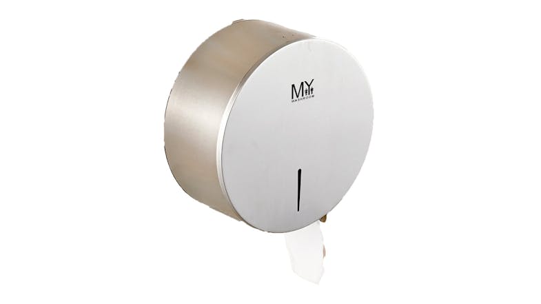 MyWashroom Minimal Stainless Steel Round Toilet Paper Dispenser in a sleek silver finish MyWashroom Minimal Stainless Steel Round Toilet Paper Dispenser in a sleek silver finish