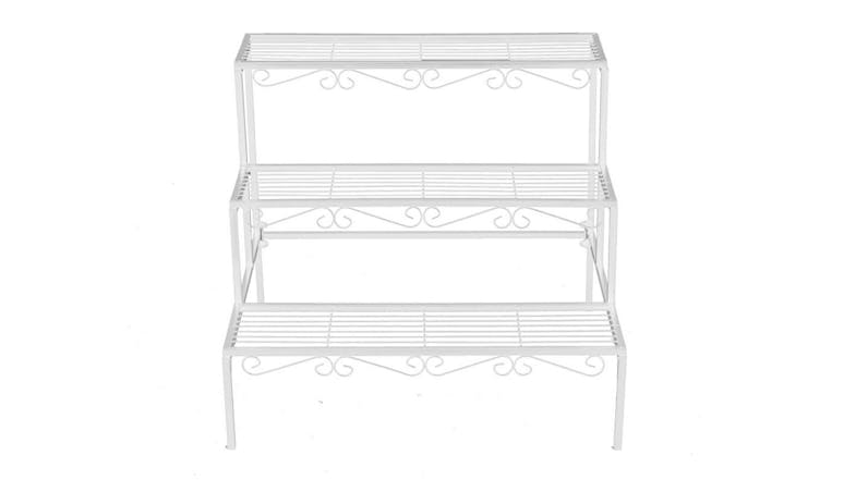 A front view of the 3 Tier Stepped Metal Plant Stand in white finish A front view of the 3 Tier Stepped Metal Plant Stand in white finish