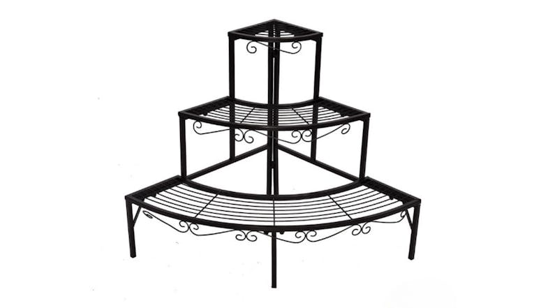 A front view of the Pretty and Practical 3 Tier Stepped Corner Metal Plant Stand in black A front view of the Pretty and Practical 3 Tier Stepped Corner Metal Plant Stand in black