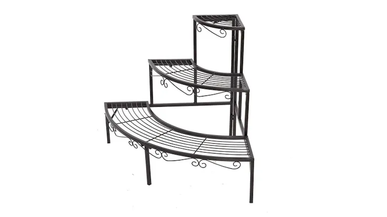 A left-angled view of the 3-tier stepped corner metal plant stand A left-angled view of the 3-tier stepped corner metal plant stand