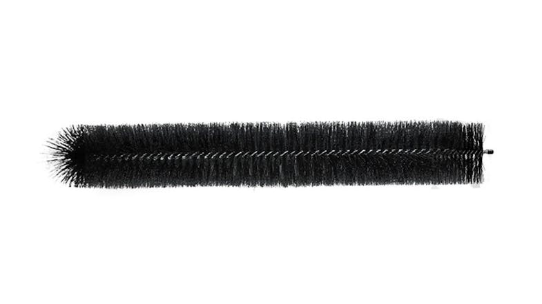 A vertical angled view of a long cylindrical black nylon gutter brush with dense bristles A vertical angled view of a long cylindrical black nylon gutter brush with dense bristles
