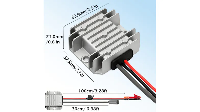 Dimensions of the DC converter with measurements and cable lengths shown Dimensions of the DC converter with measurements and cable lengths shown