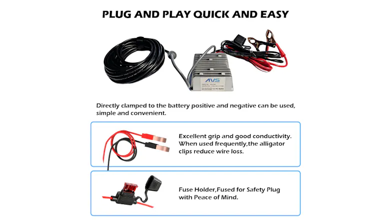 Converter with cables, clips, and a fuse holder shown for plug‑and‑play use Converter with cables, clips, and a fuse holder shown for plug‑and‑play use