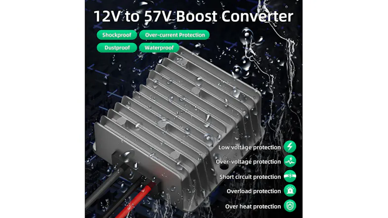 Waterproof 12V‑to‑57V converter shown with shock, dust, and overload protections Waterproof 12V‑to‑57V converter shown with shock, dust, and overload protections
