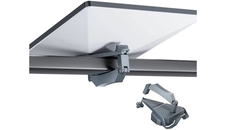Close-up of an Air Vision Systems Starlink Mini Roof Rack mounting clamp holding a flat panel onto a horizontal metal bar Close-up of an Air Vision Systems Starlink Mini Roof Rack mounting clamp holding a flat panel onto a horizontal metal bar