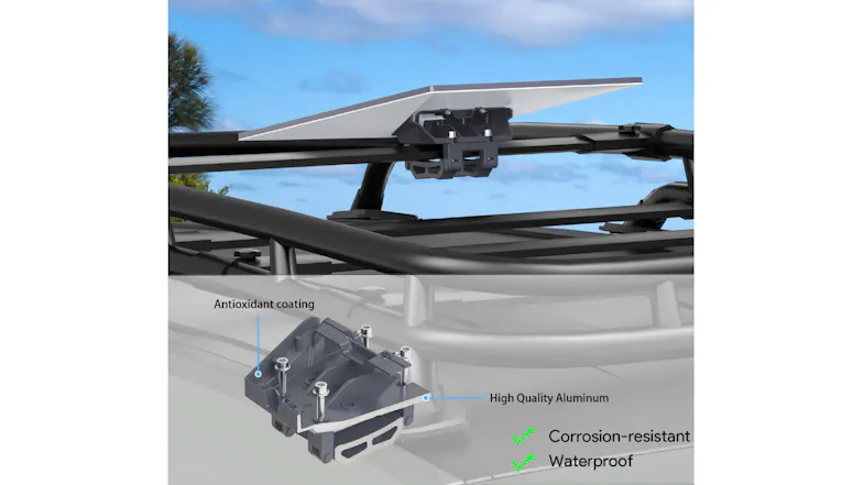 A vehicle roof rack with a close‑up of the coated aluminium bracket A vehicle roof rack with a close‑up of the coated aluminium bracket