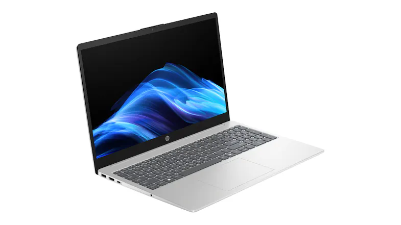 Right-angle view of an open laptop showing the screen and keys Right-angle view of an open laptop showing the screen and keys