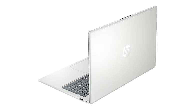 Rear angled view of a silver laptop lid with an HP logo Rear angled view of a silver laptop lid with an HP logo