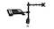 Angled view of a dual-arm VESA monitor mount arm with a laptop stand Angled view of a dual-arm VESA monitor mount arm with a laptop stand
