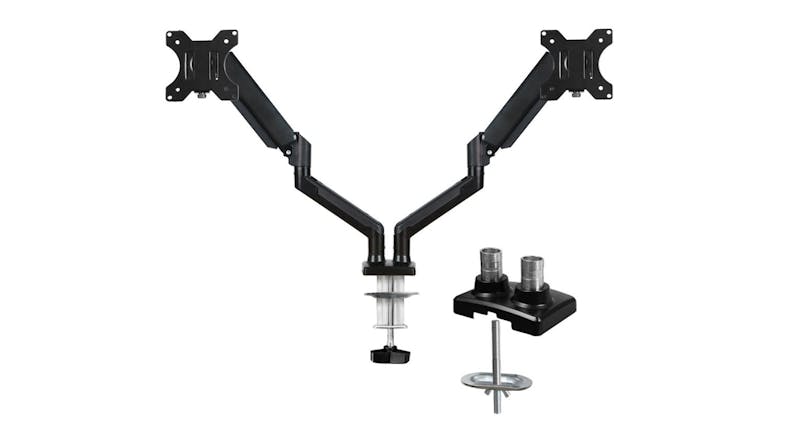 Black dual-arm VESA monitor mount with adjustable arms and included desk clamp hardware Black dual-arm VESA monitor mount with adjustable arms and included desk clamp hardware