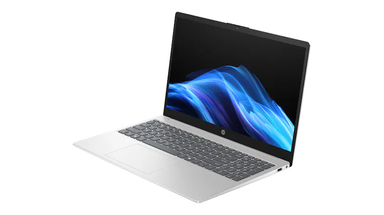 Left-angle view of an open laptop highlighting the slim profile Left-angle view of an open laptop highlighting the slim profile