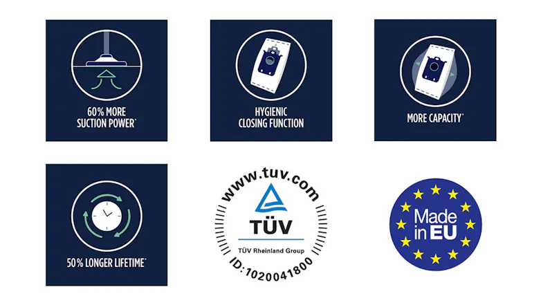 Six illustrated icons showing dust bag features like increased suction power, hygienic closing, and more capacity Six illustrated icons showing dust bag features like increased suction power, hygienic closing, and more capacity