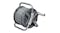 A grey Pretty and Practical portable hose reel with handle and crank, holding a coiled garden hose A grey Pretty and Practical portable hose reel with handle and crank, holding a coiled garden hose