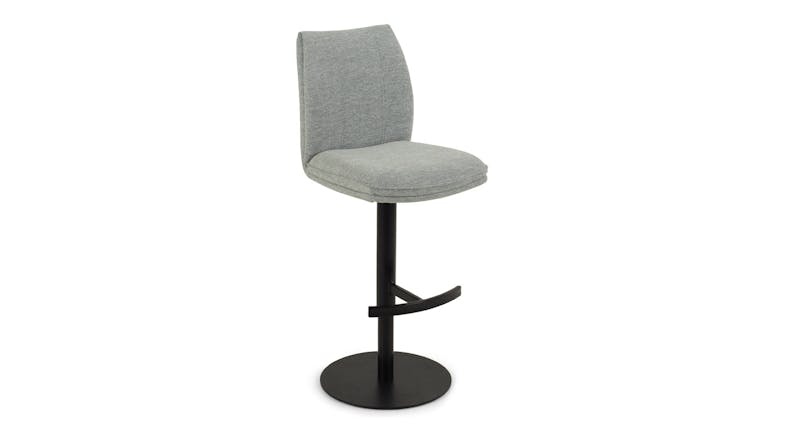 A silver upholstered bar stool with a cushioned seat and curved backrest, supported by a black metal pedestal base A silver upholstered bar stool with a cushioned seat and curved backrest, supported by a black metal pedestal base