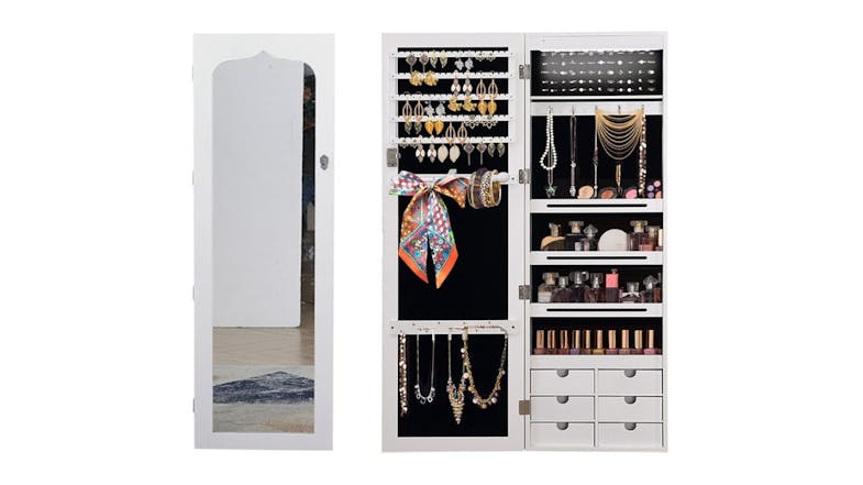 A front view of the Pretty and Practical Vertical Mirror with LEDs, Integrated Jewellery Box A front view of the Pretty and Practical Vertical Mirror with LEDs, Integrated Jewellery Box