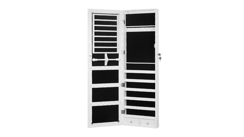 Open white jewellery cabinet with black interior shelves, hooks, and organisers Open white jewellery cabinet with black interior shelves, hooks, and organisers