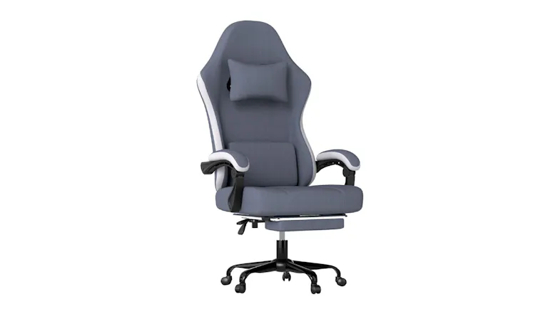 A grey ergonomic office chair featuring a gas lift mechanism, adjustable headrest, lumbar cushion, and an extendable footrest on a wheeled base A grey ergonomic office chair featuring a gas lift mechanism, adjustable headrest, lumbar cushion, and an extendable footrest on a wheeled base