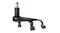 Close-up of a black five-point star base with swivel caster wheels on a grey office chair Close-up of a black five-point star base with swivel caster wheels on a grey office chair
