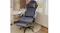 A grey ergonomic chair with the footrest extended, positioned in a modern home office setting A grey ergonomic chair with the footrest extended, positioned in a modern home office setting