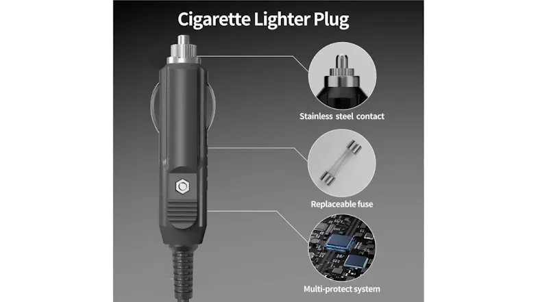 A graphic of a cigarette lighter plug with stainless steel contact, replaceable fuse, and multi-protect system A graphic of a cigarette lighter plug with stainless steel contact, replaceable fuse, and multi-protect system