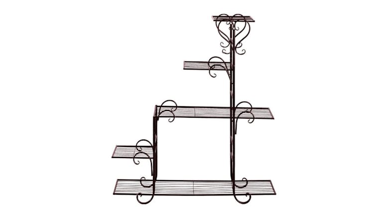 A front view of the Pretty and Practical 5 Tier Stepped Metal Plant Shelf in bronze colour A front view of the Pretty and Practical 5 Tier Stepped Metal Plant Shelf in bronze colour