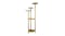 A gold metal plant stand with five round tiers at varying heights A gold metal plant stand with five round tiers at varying heights