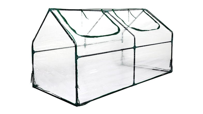 Clear PVC mini greenhouse with a steel frame and two zippered top openings Clear PVC mini greenhouse with a steel frame and two zippered top openings