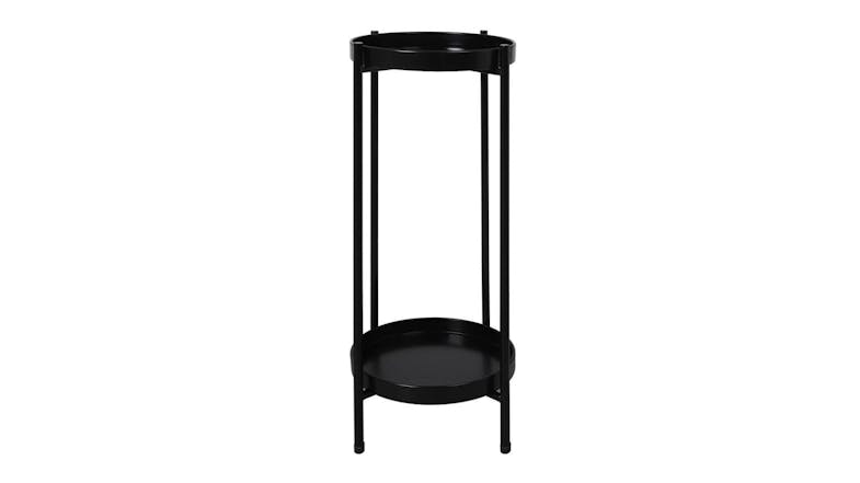 Black two-tier round metal plant stand with four slim legs Black two-tier round metal plant stand with four slim legs