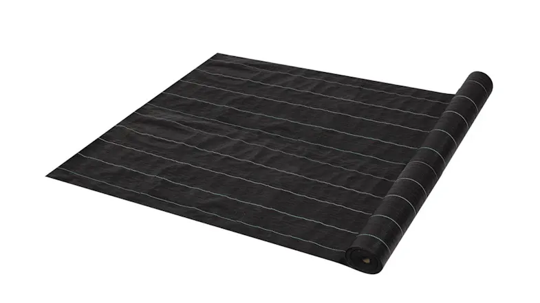 Rolled-out black, Pretty and Practical woven weed control fabric with evenly spaced green guide lines Rolled-out black, Pretty and Practical woven weed control fabric with evenly spaced green guide lines