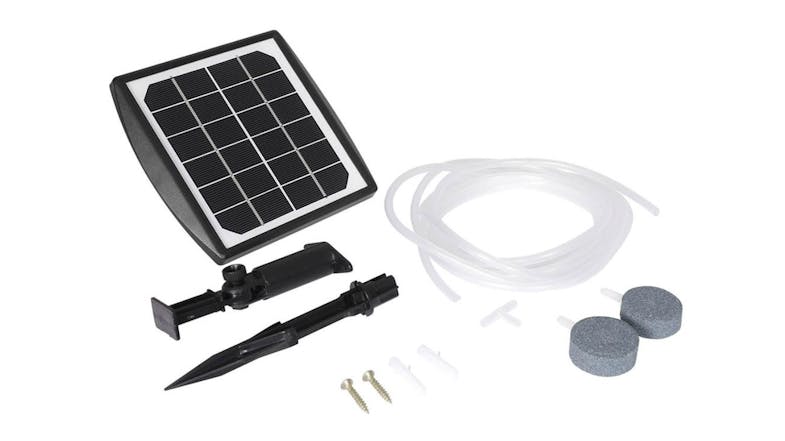 Solar pond aerator kit with solar panel, tubing, mounting stake, connectors, and two round air stones Solar pond aerator kit with solar panel, tubing, mounting stake, connectors, and two round air stones