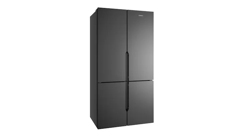 An angled view of the matte charcoal black Quad Door Fridge Freezer An angled view of the matte charcoal black Quad Door Fridge Freezer