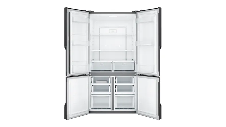 The fridge freezer with all four doors open, displaying the empty interior with multiple shelves and door bins The fridge freezer with all four doors open, displaying the empty interior with multiple shelves and door bins