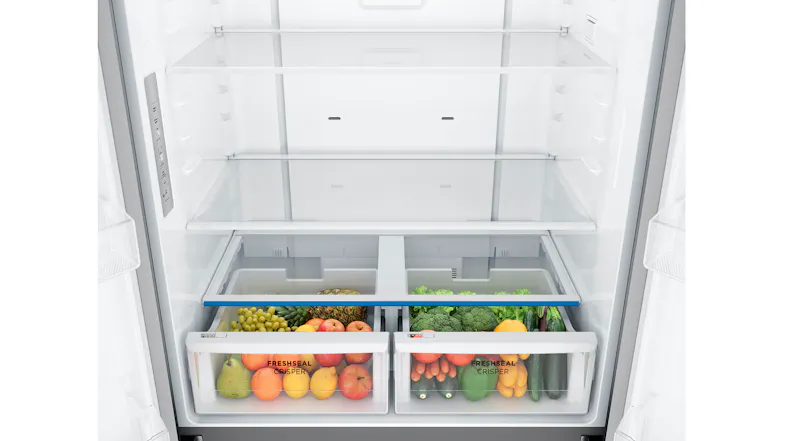 A view of the lower fridge section with two FreshSeal crisper drawers containing assorted fruits and vegetables A view of the lower fridge section with two FreshSeal crisper drawers containing assorted fruits and vegetables