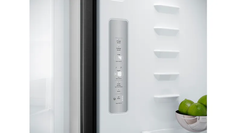 A close-up of the interior control panel on the side wall of the fridge, displaying temperature and mode settings A close-up of the interior control panel on the side wall of the fridge, displaying temperature and mode settings