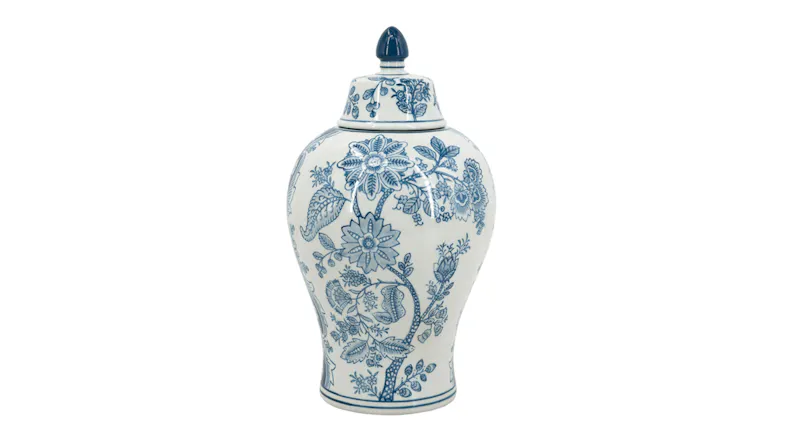 A 32cm white porcelain ginger jar with a domed lid, decorated with blue floral and botanical patterns A 32cm white porcelain ginger jar with a domed lid, decorated with blue floral and botanical patterns