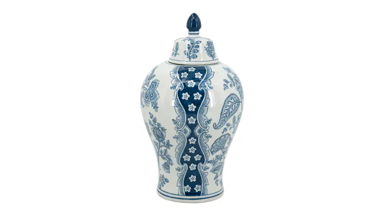 A 37cm white porcelain ginger jar with a domed lid and blue and white floral motifs around the body A 37cm white porcelain ginger jar with a domed lid and blue and white floral motifs around the body