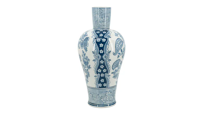 A 43cm white porcelain vase with a narrow neck, decorated with blue floral and botanical patterns A 43cm white porcelain vase with a narrow neck, decorated with blue floral and botanical patterns